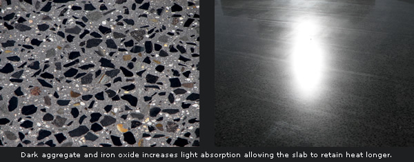 Dark aggregate and iron oxide increases light absorption allowing the slab to retain heat longer.